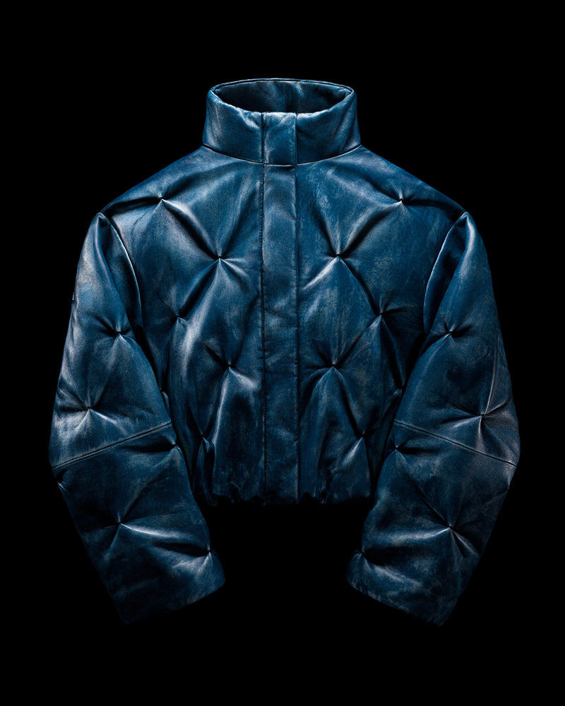 ‘CORE’ PUFFER JACKET IN WEATHERED BLUE LEATHER